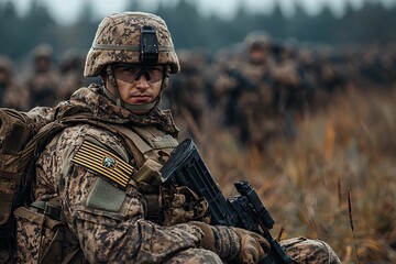 Fototapeta premium Soldier in camouflage uniform seated in field during military training