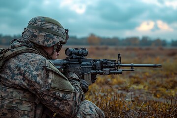 Fototapeta premium Soldier aiming with rifle in a training field during twilight hours