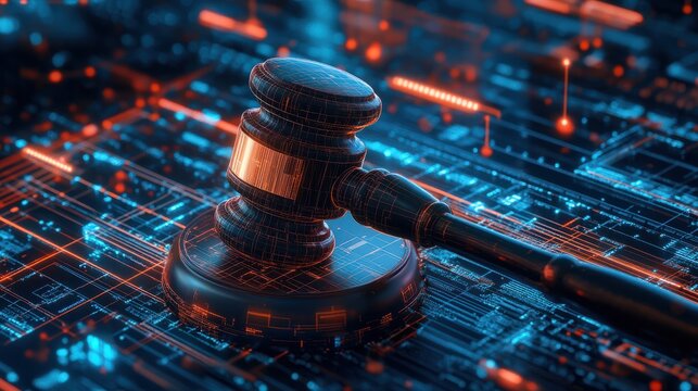 A courtroom gavel in a modern digital jurisdiction concept, AI and digital technology challenges with legal compliance