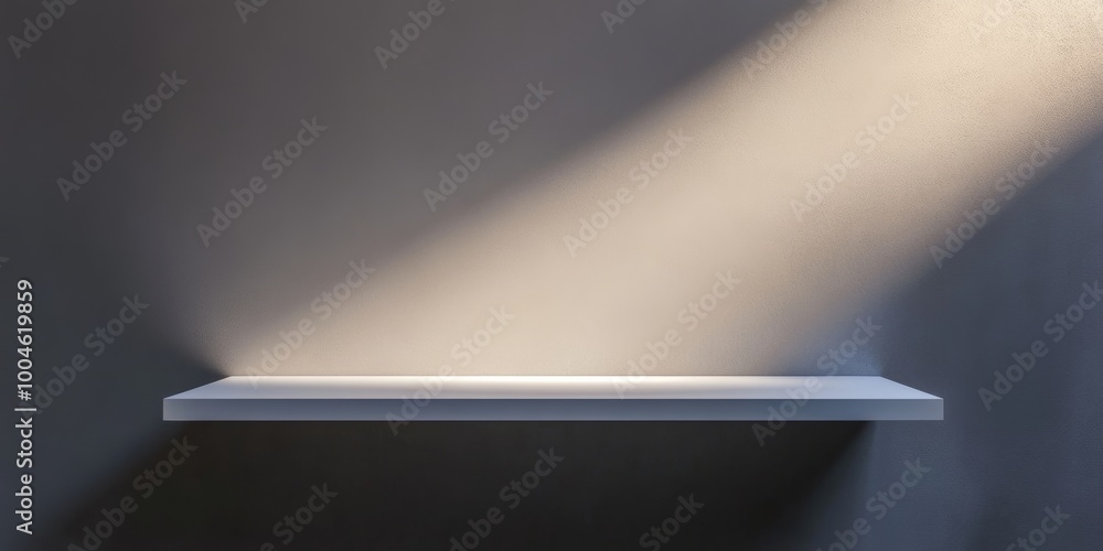 Poster a glossy, reflective white floating shelf against a neutral grey backdrop with a spotlight casting a