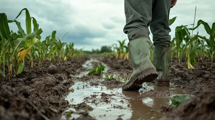 Farmer walking through muddy cornfield.
