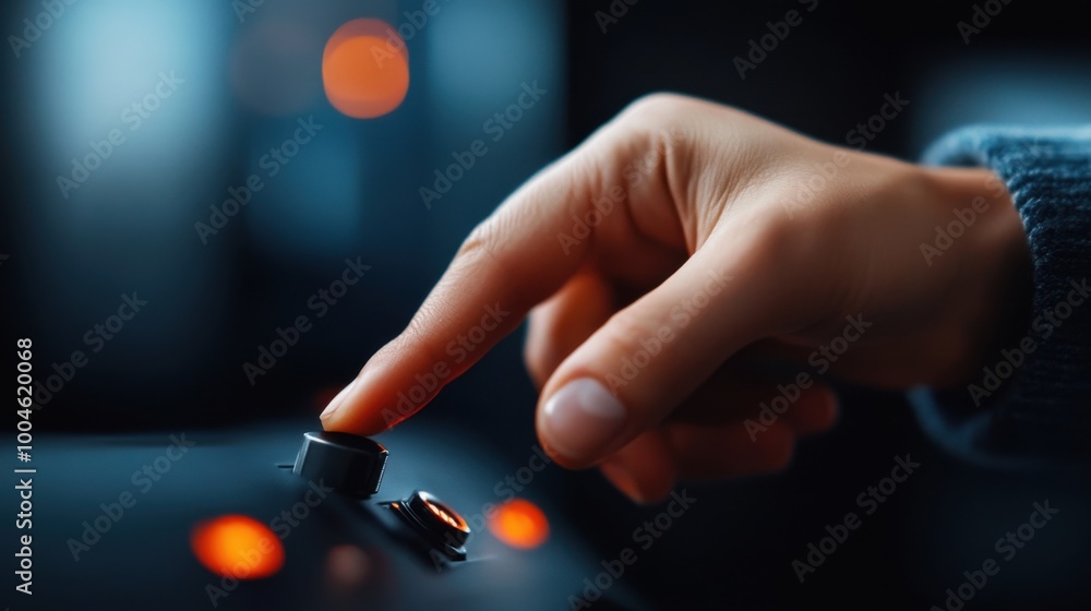 Poster hand pressing a button on a control panel