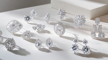 A dazzling array of diamond earrings arranged artistically on a white surface, capturing their shine and elegance, perfect for showcasing fine jewelry collections.
