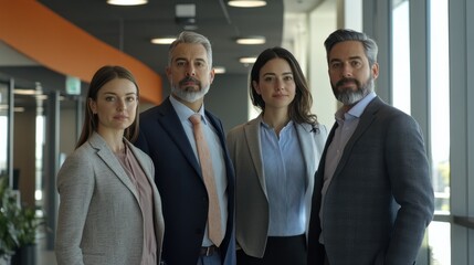 A group of four confident professionals dressed in business attire standing side by side in a modern office setting, ready to tackle challenges together