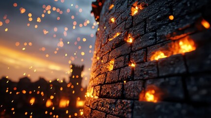 Fototapeta premium Ancient stone castle with a dragon perched on the battlements, flames flickering in the village below, Fantasy, 3D Render