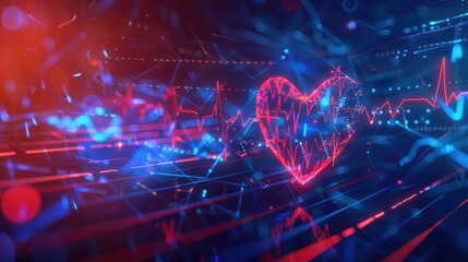 Human heart with digital red and blue cardiac pulse line on a black background