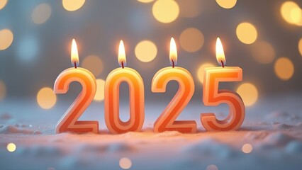 A set of candles for the New Year with the numbers 2025 written on them. The numbers 2025 in the form of candles on a bokeh background, New Year's card