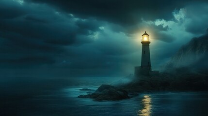 Fototapeta premium A lighthouse illuminating a path over uncharted waters, symbolizing the vision guiding exploration towards a promising future