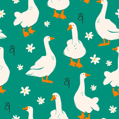 White geese or ducks and camomile flowers. Abstract, quirky, cartoon modern style. Hand drawn trendy Vector illustration. Square seamless Pattern, background, wallpaper