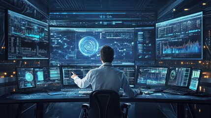 A professional analyzing data with multiple screens displaying intricate digital graphics and information technology concepts.
