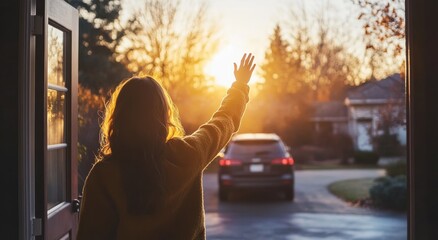 Woman Waving Goodbye as Car Drives Away at Sunset.