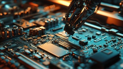 A robotic arm is placing electronic components on a circuit board.