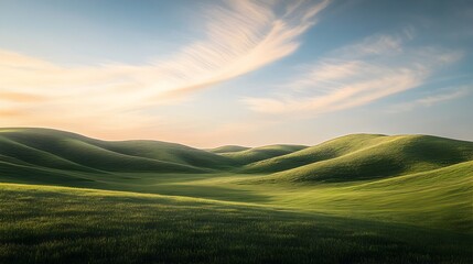 Fototapeta premium A serene and dreamy pastel landscape with lush rolling hills wispy clouds and a warm golden light creating a calming and tranquil atmosphere