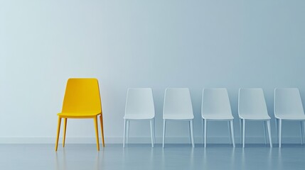 One yellow chair standing out from the crowd of white chairs