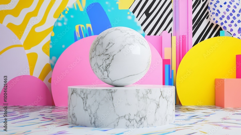 Poster white marble sphere balancing on a cylinder with a colorful abstract background
