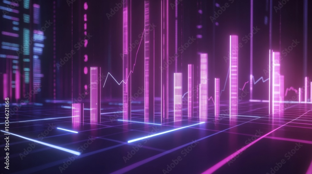 Poster a digital 3d financial bar chart with bars rising from a grid-like surface, showing upward trends in