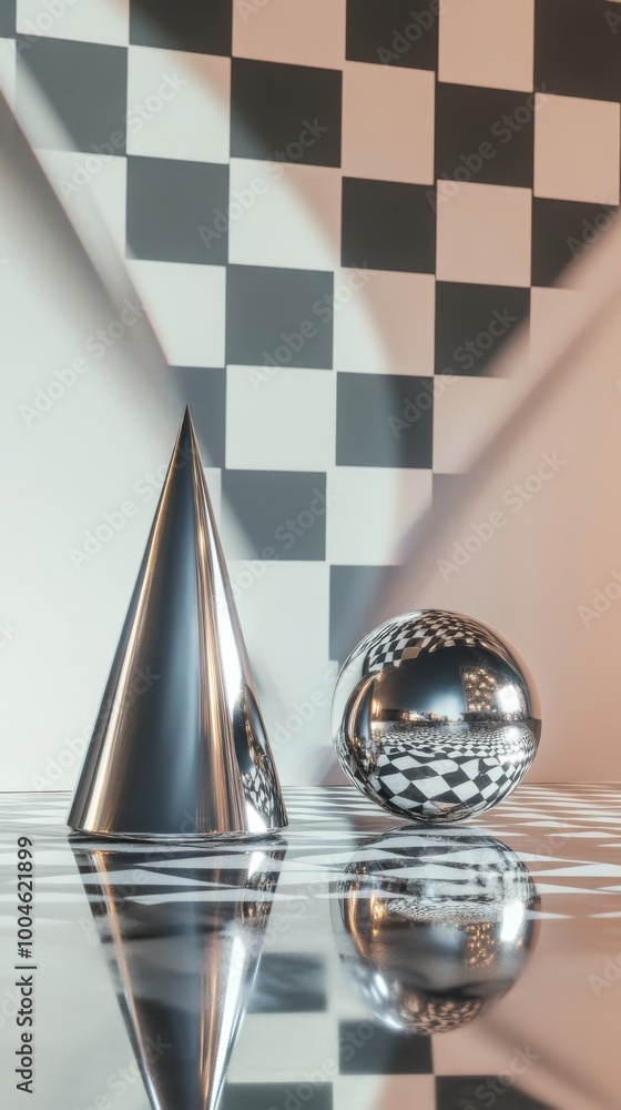 Poster chrome sphere and cone reflecting checkered pattern on reflective surface