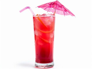 A flamingo cocktail in a tall glass with a pink umbrella on a white background