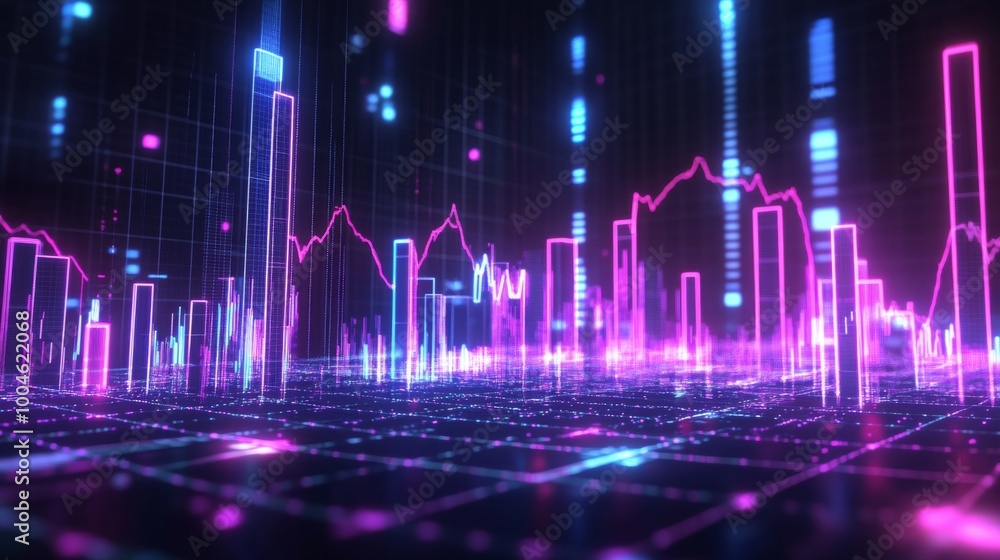 Poster a digital 3d financial bar chart with bars rising from a grid-like surface, showing upward trends in