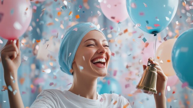 A woman cancer survivor ringing a bell, celebrating her victory over illness with a smile of resilience Confetti and balloons create a joyful scene