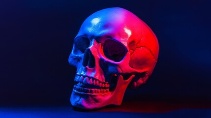Human skull illuminated with eerie red and blue light