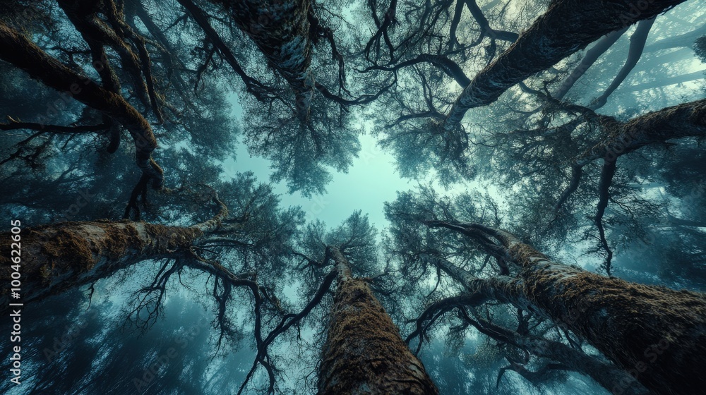 Poster The view from below showcases tall trees with twisting branches, creating an enchanting atmosphere. Dim light seeps through the foliage, evoking a mystical feeling