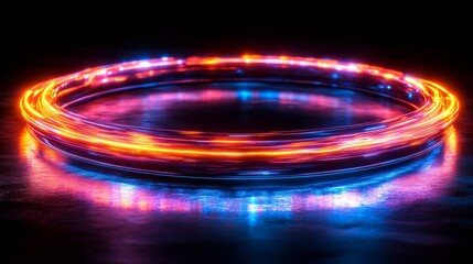 Obraz premium Glowing neon light trails forming a circle on reflective surface