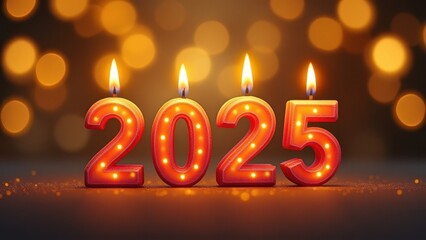 A set of candles for the New Year with the numbers 2025 written on them. The numbers 2025 in the form of candles on a bokeh background, New Year's card