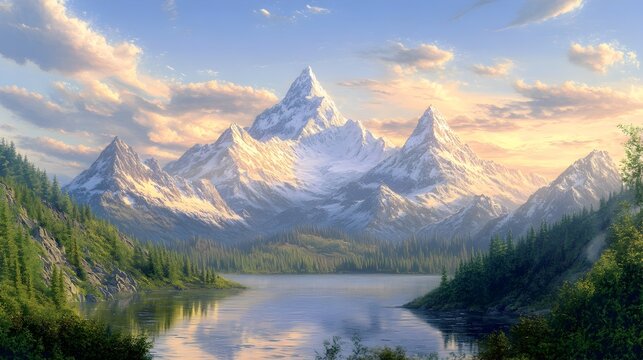 Peaceful pastel toned mountainscape with snow capped peaks and a tranquil lake serene alpine landscape with majestic mountains reflecting on still waters and wispy clouds drifting across a soft sky