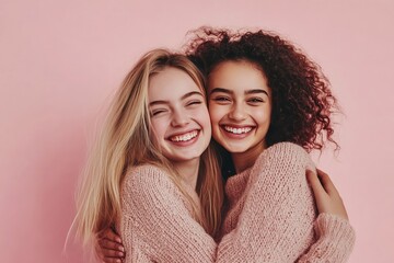 Two girls hug and smile. Perfect for depicting friendship and happiness.