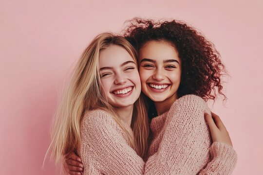 Two girls hug and smile. Perfect for depicting friendship and happiness.
