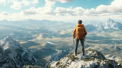 Fototapeta premium An explorer standing at the summit of a challenging hike, taking in the panoramic view with a sense of accomplishment. Concept of adventure and personal triumph.