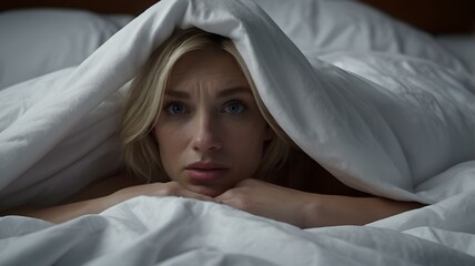 Blonde Woman Hiding Under a White Blanket in Bed, Expressing Fear and Anxiety