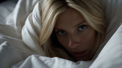 Blonde Woman Hiding Under a White Blanket in Bed, Expressing Fear and Anxiety