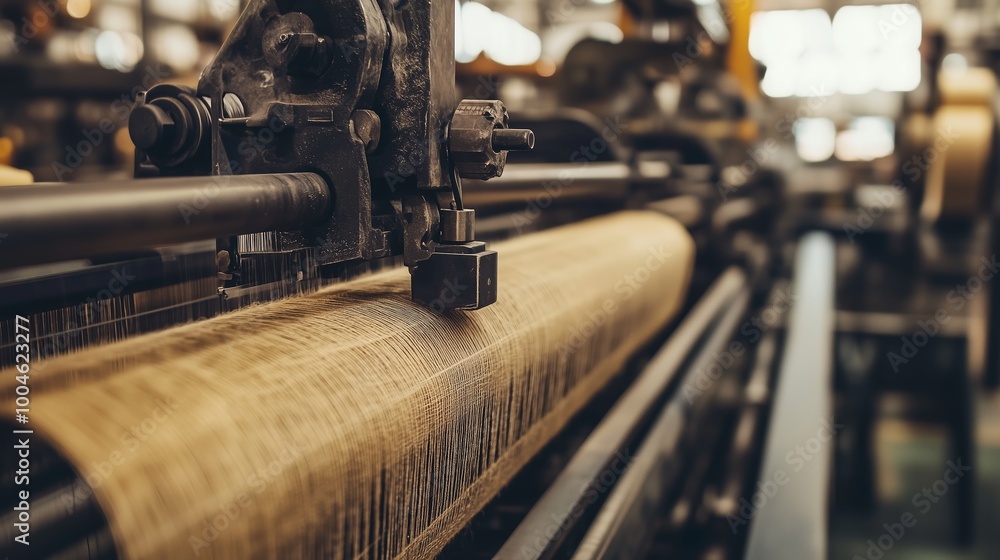 Poster close-up view of weaving machine in textile factory working on fabric production during daylight hou