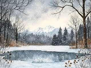 Tranquil snowy forest scene with gentle snowfall drifting through the air bare oak and maple trees silhouetted against the horizon still icy pond mirroring the overcast heavens