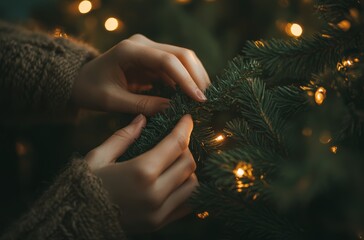 Hands carefully arrange greenery on a beautifully lit Christmas tree, capturing the spirit of the holidays in a warm atmosphere