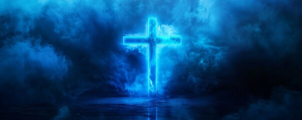 Naklejka premium Glowing blue neon cross appearing from clouds of smoke