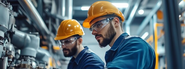 Two workers in safety gear inspect machinery in a modern industrial facility during daytime hours
