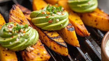 German cuisine dish: Sweet potato slices in grilled avocado sauce.
