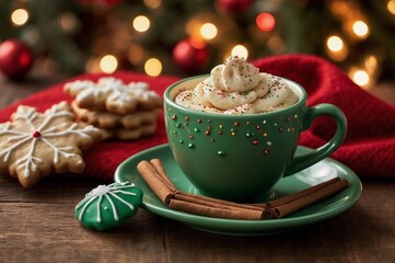 Fototapeta premium a Christmas drink with whipped cream surrounded by cookies and cinnamon sticks on a festive background 