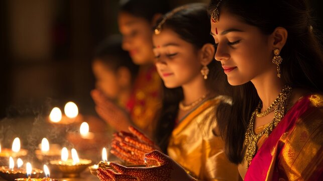 Family performing aarti during Diwali with diyas and incense in traditional attire to celebrate the festival of lights