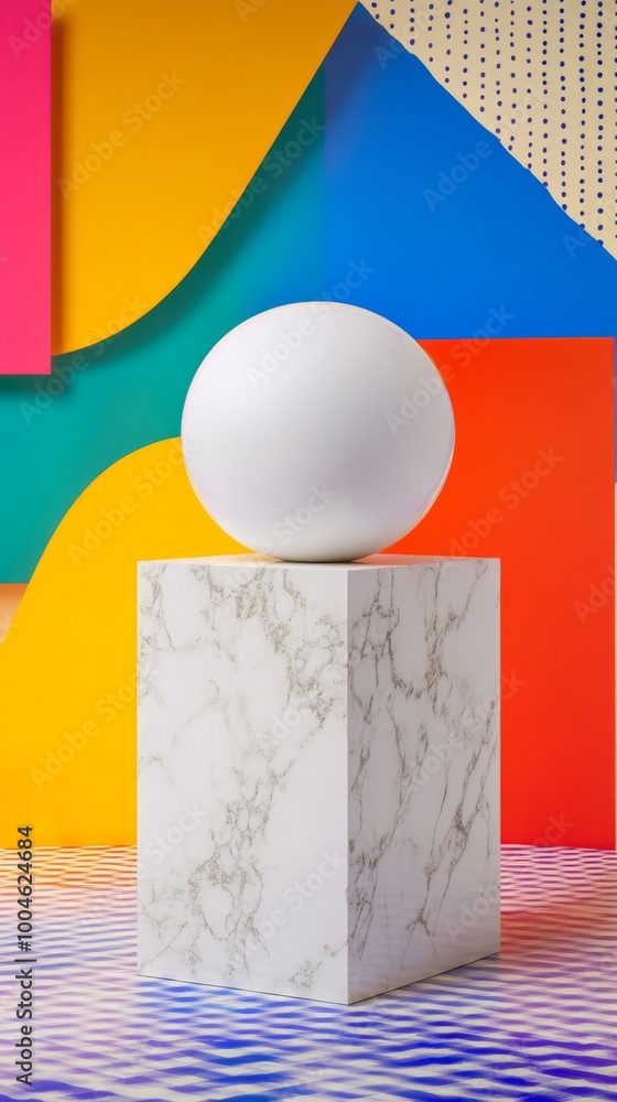 Poster white sphere balancing on marble cube with colorful background
