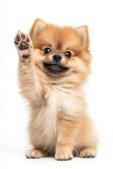 Obraz premium Adorable Pomeranian puppy waving with its paw, showcasing a playful and friendly demeanor on a clean white background.