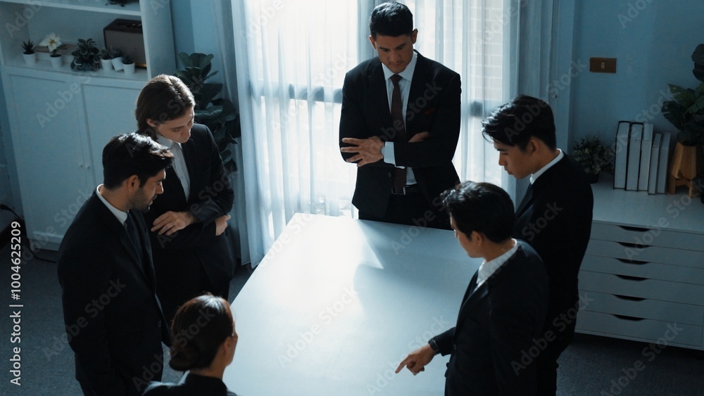 Poster top view of project manager looking at meeting table surrounded by diverse business people brainstor