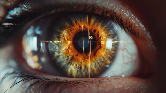 Closeup of eye with reticle overlay illustrating laser eye glaucoma treatment. Concept Ophthalmology, Glaucoma, Laser Treatment, Eye Health, Reticle Overlay
