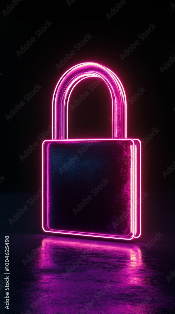 Sticker Neon padlock glowing on dark background representing cybersecurity