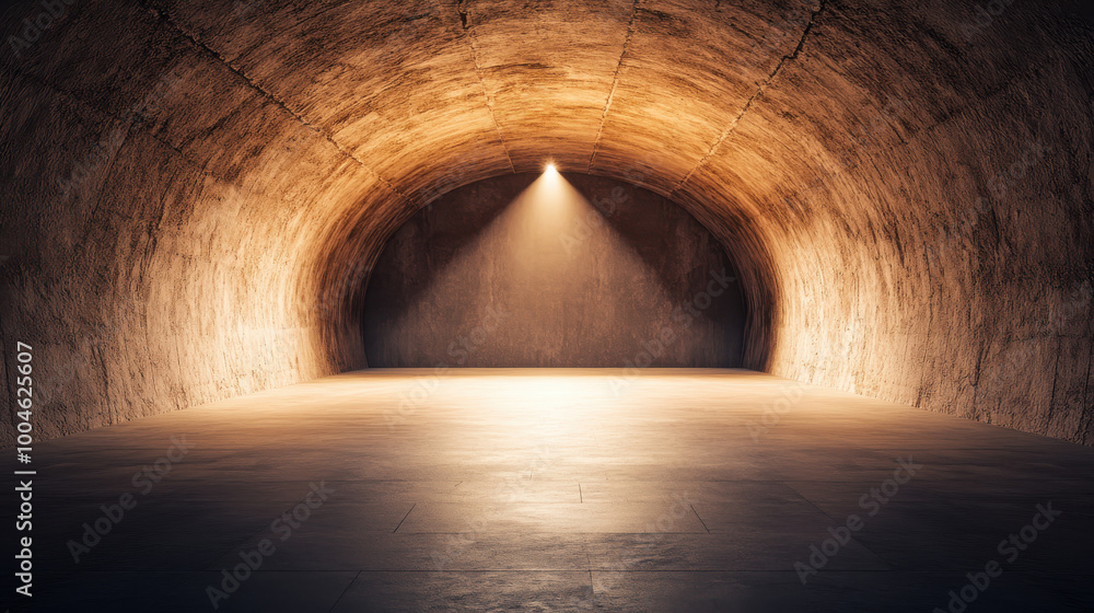 Poster a spacious, empty underground tunnel with warm lighting, creating an inviting atmosphere for various