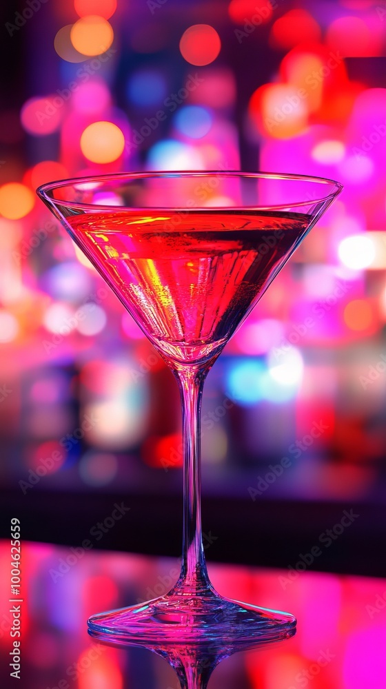 Poster red cocktail standing on bar with colorful bokeh lights in background