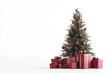 The Christmas tree stands tall with red ornaments, surrounded by colorful presents, creating a festive atmosphere for the holiday season